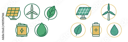 Renewable energy symbols featuring solar, wind, and battery elements