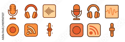 Stylish vector icons for audio and podcasting in warm tones