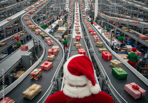 From an over-the-shoulder perspective, Santa Claus watches over his enchanting, modern Christmas workshop.