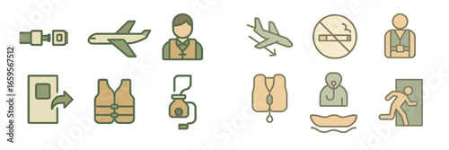 Essential safety icons for airline travel and emergency procedures