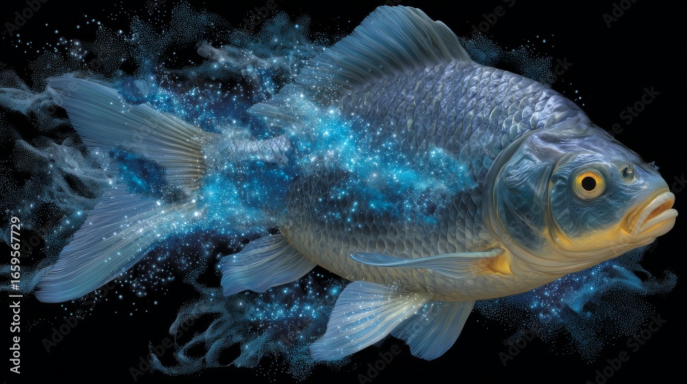 Naklejka premium Dynamic Fish Mid Transformation with Shimmering Blue Particles Floating in Dark Backdrop