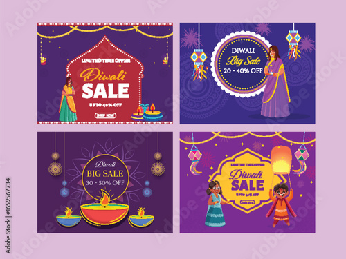 Diwali Sale Poster Set with Special Offers for Social Media Promotion.