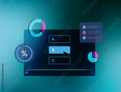 Interactive video quiz interface with multiple-choice responses and real-time statistics. Ideal for e-learning, video assessment and digital engagement in training or marketing, vector illustration