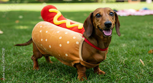 Funny Dachshund Dog in Hot Dog Costume on National Dog Day