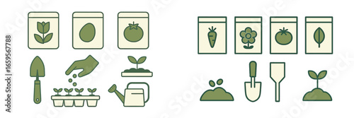 Gardening tools and seed packets collection for planting activities