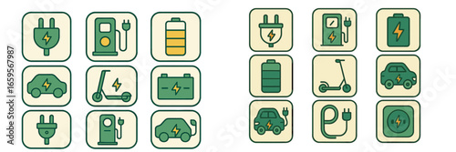 Electric vehicle charging icons in a vector illustration layout