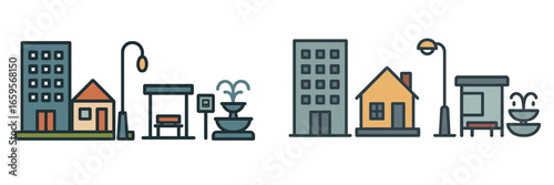 Urban landscape with buildings and street features in vector style