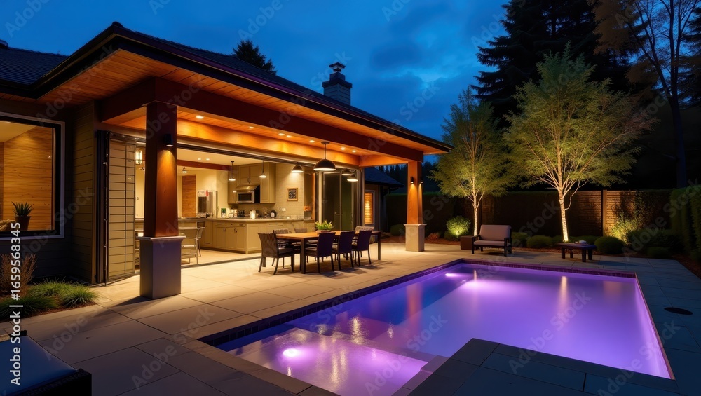 Fototapeta premium A modern home's outdoor patio area with a pool illuminated at twilight, showcasing an elegant blend of architecture and landscaping.