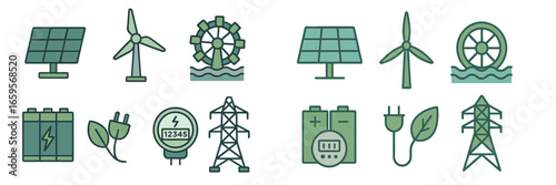 Energy sources and sustainability icons for renewable technology
