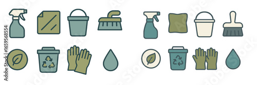 Cleaning supplies and recycling icons for eco-friendly household tasks