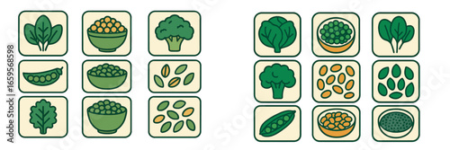 Vector illustration of green vegetables and legumes in various formats