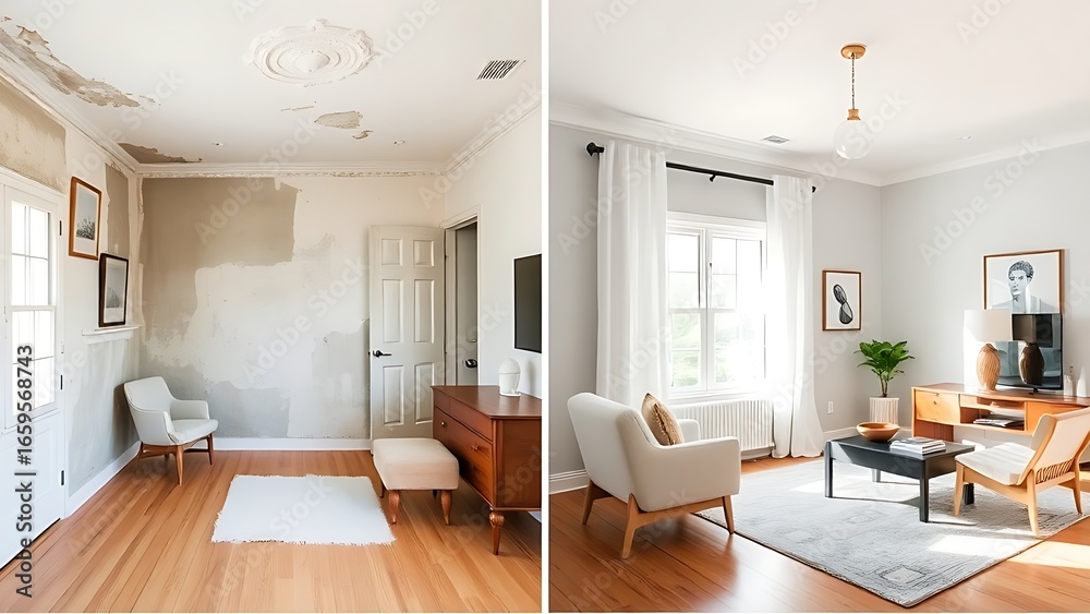 Fototapeta premium Side-by-side room transformation showing worn outdated decor versus fresh modern furnishings under soft natural lighting.