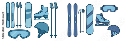 Winter sports gear illustration: skis and skates