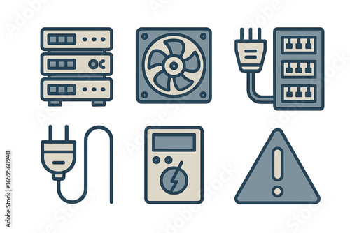 Vector illustration of power equipment and safety symbols for tech