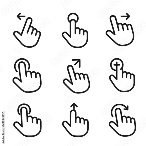 Zoom Gesture Icons. Outline icon set of zoom gestures and controls: pinch zoom, double tap zoom, spread zoom, zoom drag, zoom