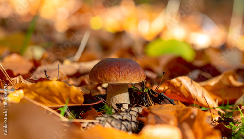 Brown mushroom on fallen leaves during autumn season in forest environment