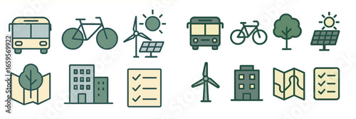Vector art of transport and renewable energy icons