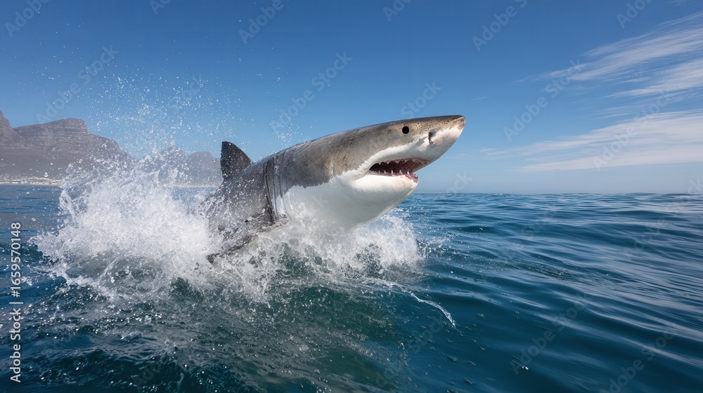 Fototapeta premium A great white shark breaches the surface of the ocean, creating splashes. The scene captures the power and grace of this marine predator in its natural habitat.