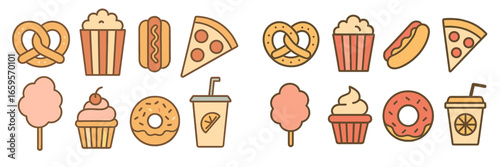 Fun snack illustrations of popcorn, pizza, and sweets