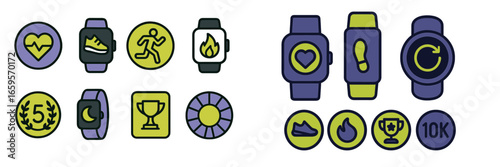 Vector illustration of fitness watch icons and activity badges