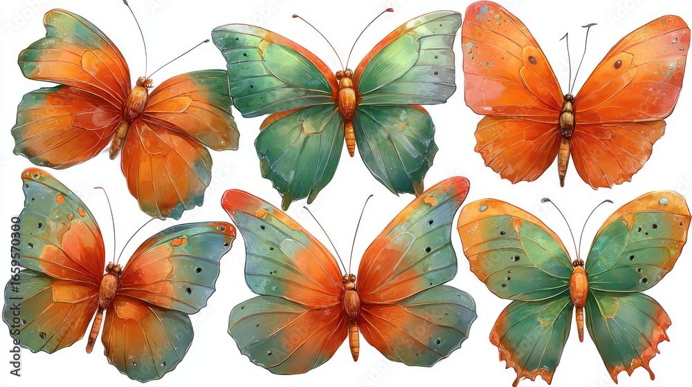 Obraz premium Six watercolor butterflies, orange and green hues