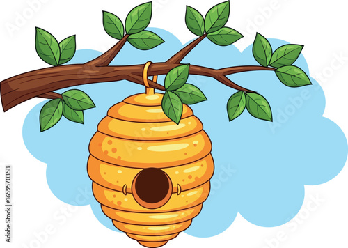 Golden beehive hanging from a leafy tree branch under a soft blue sky vector