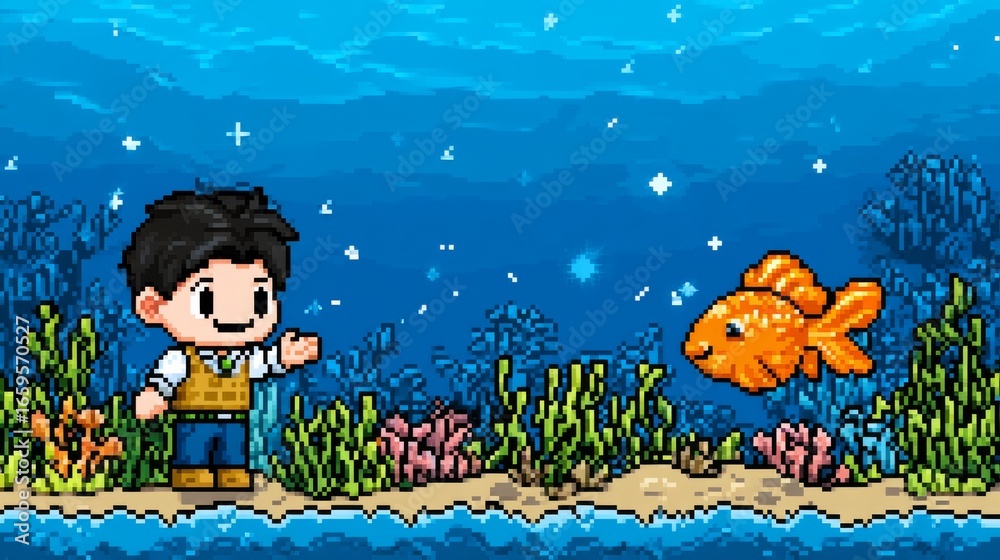 Naklejka premium Pixelated Avatar Interacting With a Goldfish in a Vibrant Underwater Scene