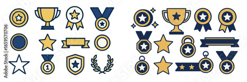 Golden and blue award symbols for achievements and recognition