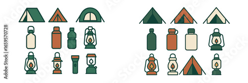 Vector illustration of camping gear and tents in a forest setting