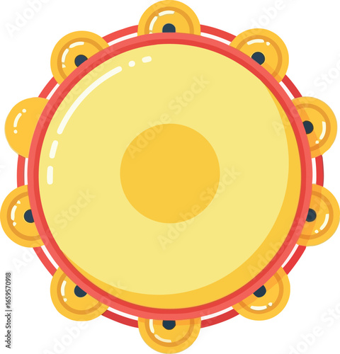 Bright yellow tambourine with jingle bells round percussion musical instrument isolated on white vector