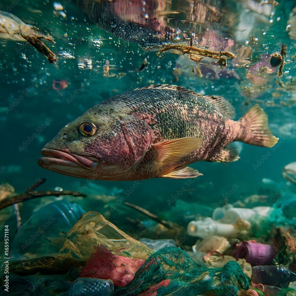 Fototapeta premium A Delicate Fish Floating in Microplastic-Contaminated Water, Highlighting Environmental Pollution and Marine Life Risk