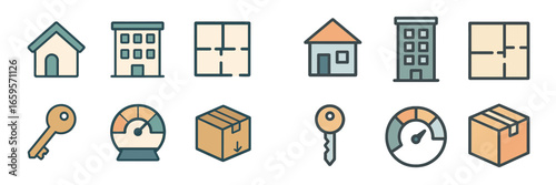 Vector icons of buildings and keys for design projects