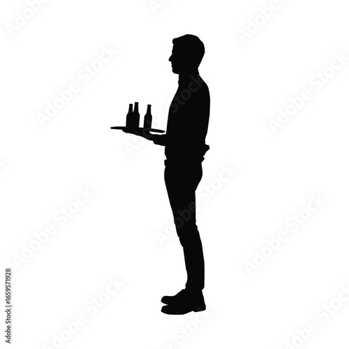 Silhouette of a Waiter Carrying a Tray with Bottles
