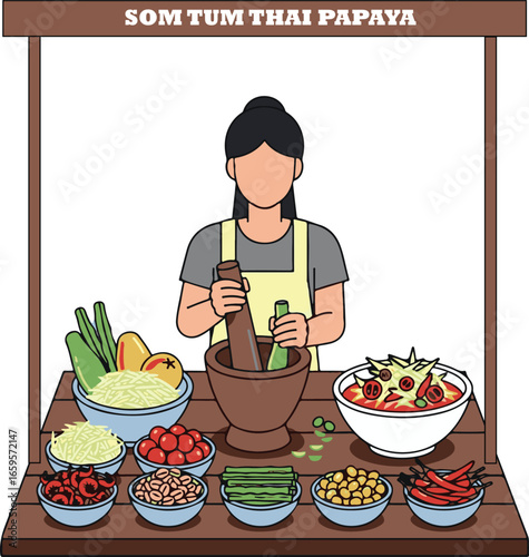 Vector illustration of a Thai street food vendor preparing authentic Som Tum papaya salad with fresh ingredients.