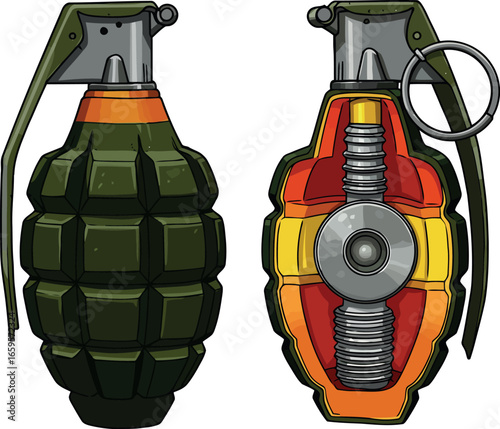 Classic hand grenade and detailed internal mechanism anatomy diagram for military or explosive themed designs vector