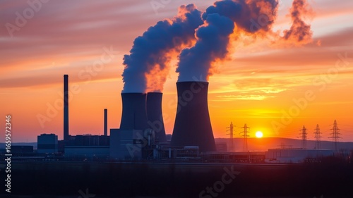 Sunset view of nuclear power plant with cooling towers and smoke against colorful sky