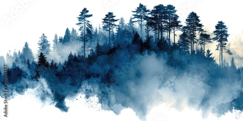 Misty blue forest silhouette on white