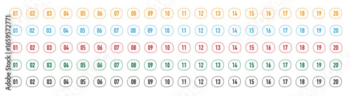 数字のアイコンセット。1〜20までの数字。白背景にベクターイラスト。