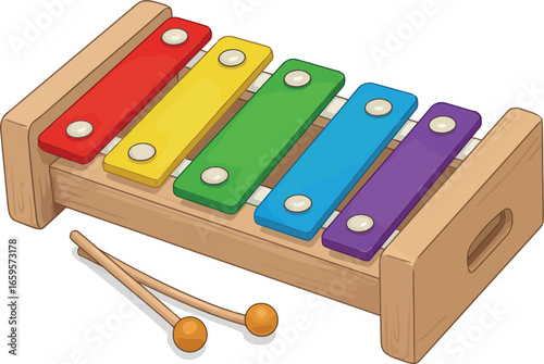 Colorful wooden xylophone with mallets musical instrument for children's play and education vector