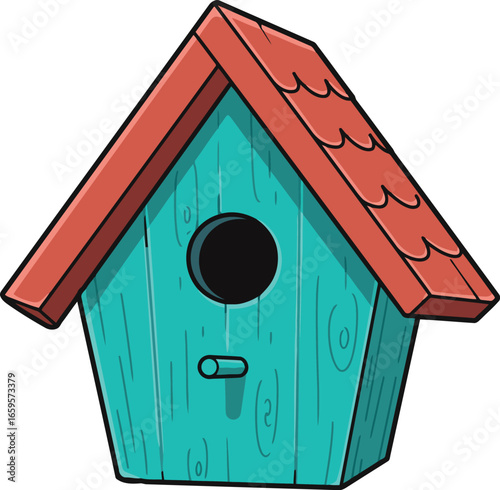 Charming teal birdhouse with red shingled roof and round entrance for backyard wildlife and garden decor vector