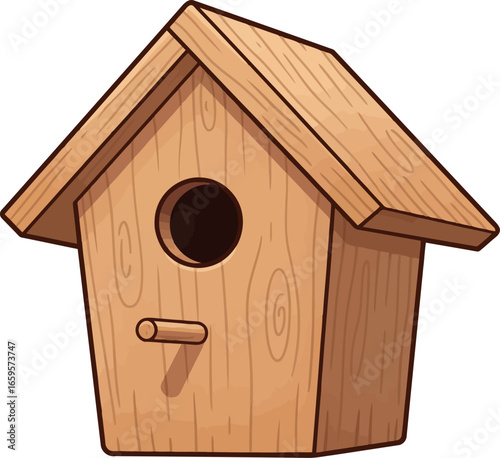 Charming wooden birdhouse with circular entrance and perch for backyard wildlife and garden decor vector