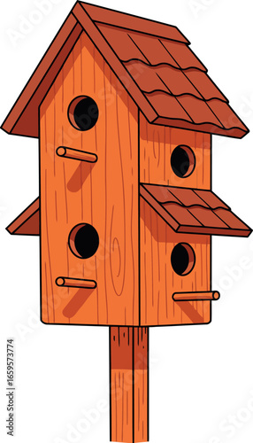 Charming wooden birdhouse with multiple entrances attached to a sturdy pole in an outdoor setting vector