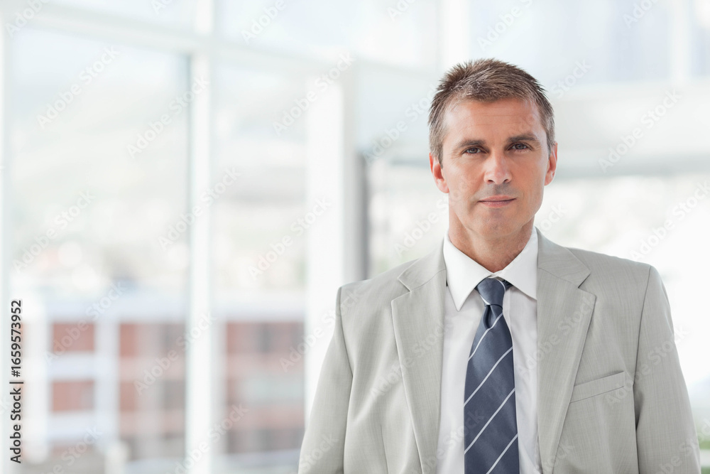 Businessman wearing gray suit, striped tie standing in office by grid windows, copy space Businessman wearing gray suit, striped tie standing in office by grid windows, copy space