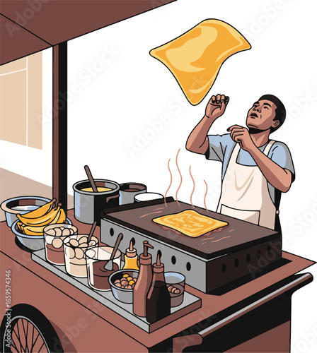 Street Food Vendor Cooking Roti on a Cart with Toppings Illustration