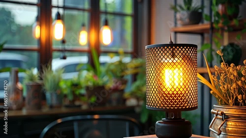 Selective focus. Warm lamp light illuminating cozy flower shop interior