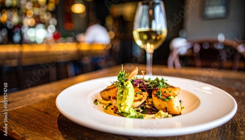 Canvas-taulu A gourmet dish featuring beautifully plated food with a glass of white wine, set against a cozy restaurant backdrop