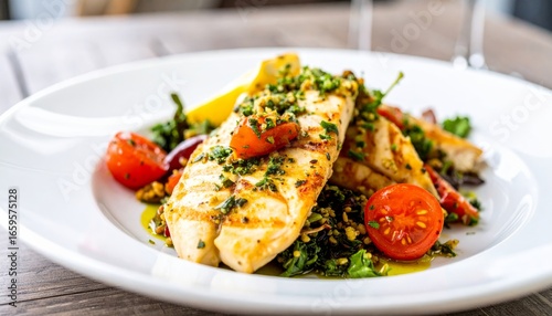 A beautifully plated fish dish garnished with herbs, served alongside cherry tomatoes and a colorful salad, showcasing vibrant culinary presentation.