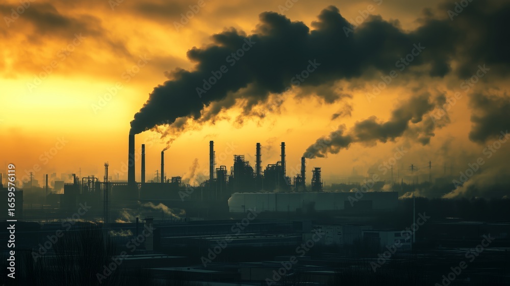 Obraz premium Industrial landscape with smokestacks releasing emissions during sunset
