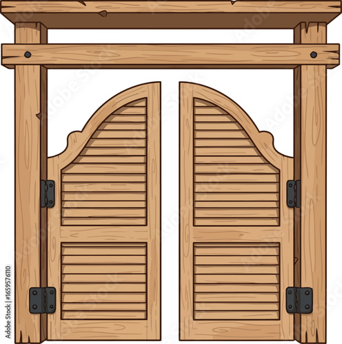 Wooden saloon swing doors with rustic latch hinges and overhead frame authentic old west architectural element vector