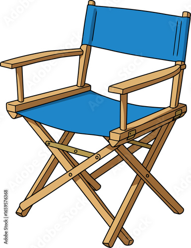 Classic wooden director's chair with vibrant blue fabric seat and back for film production or outdoor seating vector